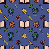 This seamless pattern features a playful back-to-school design with colorful books, pencils, globes, rulers, and autumn leaves on a deep blue background, creating a cheerful and educational. vector