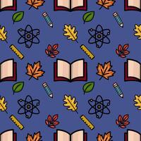 A charming seamless pattern featuring autumn leaves, open books, pencils, rulers, and atom symbols, creating a playful back-to-school design on a deep blue background. vector