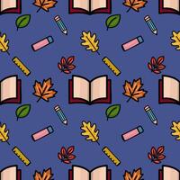 A charming seamless pattern featuring autumn leaves, open books, pencils, and rulers on a deep blue background, ideal for back-to-school or fall-themed designs. vector