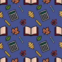A charming seamless pattern featuring autumn leaves, school supplies like calculators, pencils, rulers, and open books, creating a playful back-to-school design on a deep blue background. vector