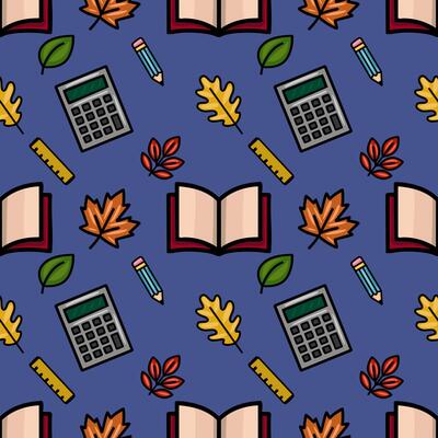 A charming seamless pattern featuring autumn leaves, school supplies like calculators, pencils, rulers, and open books, creating a playful back-to-school design on a deep blue background.