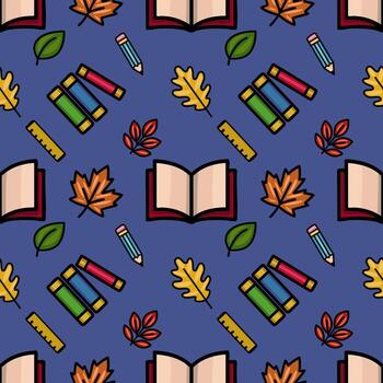 Delightful seamless pattern featuring autumn leaves, open books, pencils, and rulers, creating a charming back-to-school or fall-themed design. vector