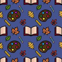 A charming seamless pattern featuring autumn leaves, open books, artist palettes, pencils, and rulers on a deep blue background, perfect for back-to-school designs. vector