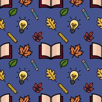 This seamless pattern features a playful autumnal design with open books, pencils, lightbulbs, and colorful leaves on a deep blue background, perfect for educational projects or fall-themed. vector