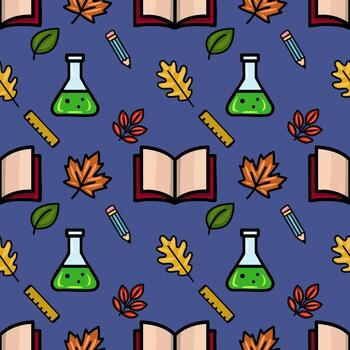 A whimsical seamless pattern featuring autumn leaves, open books, pencils, beakers, and rulers, creating a playful back-to-school design perfect for fall-themed projects. vector