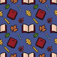 A charming seamless pattern featuring autumn leaves and school supplies, creating a cheerful back-to-school design with a playful, hand-drawn style and a vibrant color palette. vector
