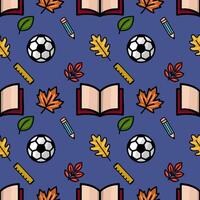 This vibrant seamless pattern features a playful mix of autumn leaves, school supplies like pencils and rulers, and soccer balls, creating a cheerful back-to-school design ideal for various. vector