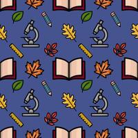 A charming seamless pattern featuring autumn leaves, an open book, a microscope, a pencil, and a ruler, all rendered in a vibrant, hand-drawn style against a deep blue backdrop. vector