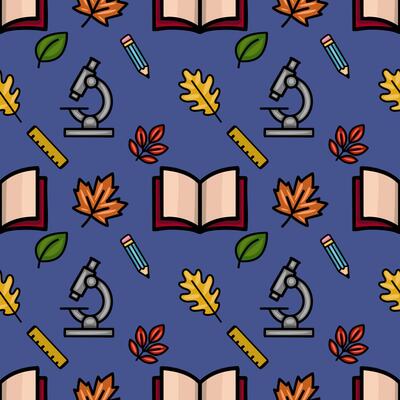 A charming seamless pattern featuring autumn leaves, an open book, a microscope, a pencil, and a ruler, all rendered in a vibrant, hand-drawn style against a deep blue backdrop.