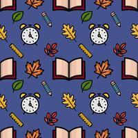 A vibrant seamless pattern featuring a playful mix of autumn leaves, school supplies like alarm clocks, pencils, and rulers, and open books, creating a cheerful back-to-school design. vector