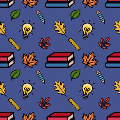 A vibrant seamless pattern featuring a playful mix of autumn leaves, school supplies like pencils and rulers, stacked books, and bright light bulbs, set against a deep blue background