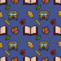 A charming seamless pattern featuring a school bus, open books, autumn leaves, pencils, and rulers, creating a playful back-to-school design on a deep blue background. vector