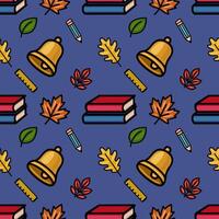 A charming seamless pattern featuring school supplies like bells, books, pencils, and rulers, playfully interspersed with autumn leaves in a vibrant color palette on a deep blue background. vector