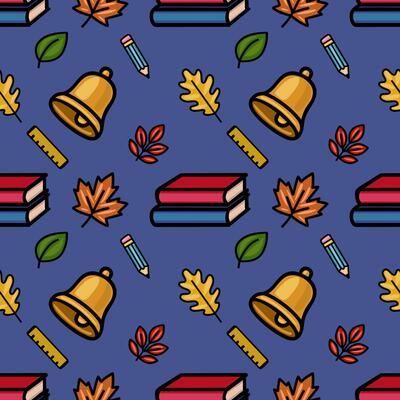 A charming seamless pattern featuring school supplies like bells, books, pencils, and rulers, playfully interspersed with autumn leaves in a vibrant color palette on a deep blue background.