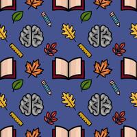 Seamless pattern featuring a playful autumnal design with brains, open books, pencils, rulers, and colorful leaves, perfect for educational or back-to-school projects. vector