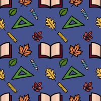 A charming seamless pattern featuring autumn leaves, stationery, and an open book, creating a back-to-school vibe with a playful, hand-drawn style on a deep blue background. vector