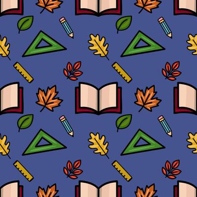 A charming seamless pattern featuring autumn leaves, stationery, and an open book, creating a back-to-school vibe with a playful, hand-drawn style on a deep blue background.