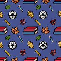 A vibrant seamless pattern featuring a playful mix of school supplies, autumn leaves, and a soccer ball, set against a deep blue backdrop, ideal for back-to-school designs. vector