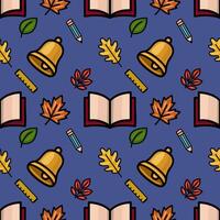A charming seamless pattern featuring school supplies like a bell, pencil, ruler, and open book, playfully interspersed with autumn leaves on a deep blue background, creating a cheerful vector