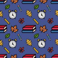 A vibrant seamless pattern featuring a playful mix of autumn leaves, school supplies like books, pencils, rulers, and alarm clocks, set against a deep blue background, creating a cheerful vector