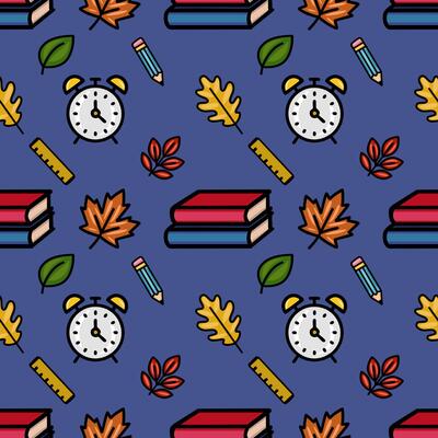 A vibrant seamless pattern featuring a playful mix of autumn leaves, school supplies like books, pencils, rulers, and alarm clocks, set against a deep blue background, creating a cheerful
