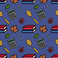 This vibrant seamless pattern features a playful mix of autumn leaves and school supplies, including books, pencils, calculators, and rulers, creating a cheerful back-to-school design vector