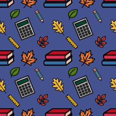 This vibrant seamless pattern features a playful mix of autumn leaves and school supplies, including books, pencils, calculators, and rulers, creating a cheerful back-to-school design