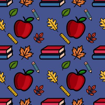 A vibrant seamless pattern featuring red apples, stacked books, autumn leaves, pencils, and rulers on a deep blue background, creating a cheerful back-to-school design.