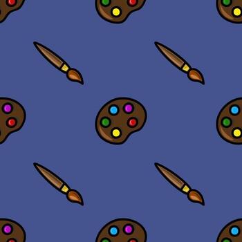 A vibrant seamless pattern featuring a playful arrangement of paintbrushes and palettes with colorful paint drops, set against a sophisticated slate-blue background. vector