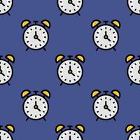 Seamless pattern featuring a playful repeat of simplified alarm clocks with yellow bells against a deep blue background, creating a cheerful and organized design ideal for various applications. vector