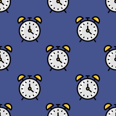 Seamless pattern featuring a playful repeat of simplified alarm clocks with yellow bells against a deep blue background, creating a cheerful and organized design ideal for various applications.