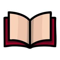 A stylized illustration of an open book with a maroon cover and beige pages, featuring bold black outlines and subtle color variations for a modern design aesthetic. vector