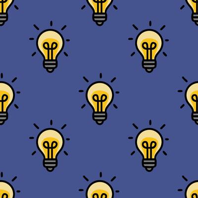 This seamless pattern features a playful arrangement of illuminated light bulbs on a deep blue background, creating a vibrant and energetic design ideal for various applications.