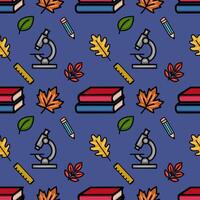 Seamless pattern featuring a vibrant autumnal design with school supplies like books, pencils, microscopes, and rulers, interspersed with colorful autumn leaves on a deep blue background. vector