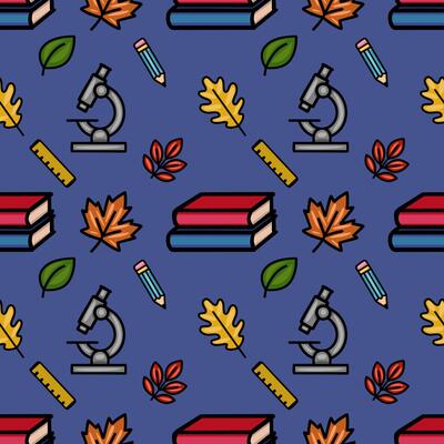 Seamless pattern featuring a vibrant autumnal design with school supplies like books, pencils, microscopes, and rulers, interspersed with colorful autumn leaves on a deep blue background.