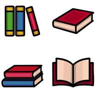 A vibrant illustration showcasing diverse book depictions a stack of books, individual books in various orientations, and a single open book, all rendered in a bold, cartoonish style with c... vector