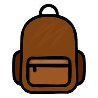A illustration of a brown backpack with a front pocket, featuring a simplistic cartoon style and bold outlines. vector