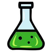 A playful illustration of a cartoon Erlenmeyer flask filled with bright green liquid, featuring a bold black outline and subtle shading for a whimsical feel. vector