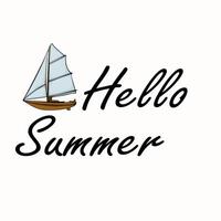 A stylized illustration featuring a sailboat with light blue sails next to the text Hello Summer in a playful, cursive font. The background is a soft, neutral color, evoking a warm, summery vibe. vector
