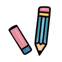 A playful illustration of a pencil and separate eraser, featuring a bold outlined style with pastel pink, teal, and gold accents. vector