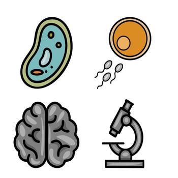 A playful illustration featuring a stylized cell, egg, sperm, brain, and microscope, representing scientific concepts in a lighthearted manner. vector