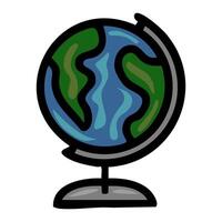 A stylized illustration of a globe, featuring a bold black outline, simplified landmasses in shades of green, and a blue ocean with wavy lines, resting on a gray stand. vector