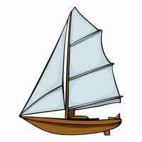 A cartoon-style illustration of a sailboat with a wooden hull and large, light blue sails. The boat is depicted in a simple, colorful design, suitable for childrens themes or nautical concepts. vector