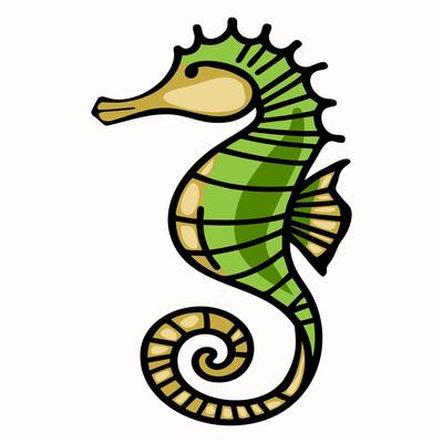 A stylized illustration of a green seahorse with a spiral tail and decorative features, showcasing its unique shape and texture.