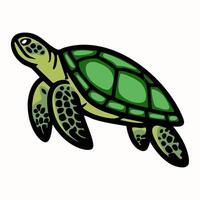 A stylized green turtle illustration with a bold outline, showcasing its shell and flippers in a playful design. vector
