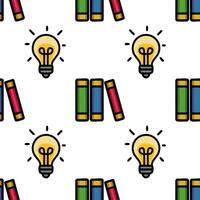 Seamless pattern featuring vibrant stacks of books and illuminated light bulbs, symbolizing knowledge and bright ideas in a playful, cartoonish style. vector