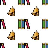 Seamless pattern featuring a playful arrangement of school bells and colorful books, ideal for educational backgrounds or childrens products. vector