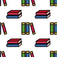 Seamless pattern of colorful stacked and single books, ideal for educational backgrounds or stationery designs, featuring bold outlines and a playful style. vector
