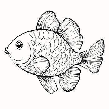A detailed line drawing of a fish with prominent scales and fins, showcasing its side profile. The fish has a round body and a small mouth, emphasizing its features in a minimalist style. vector