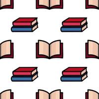 Seamless pattern featuring stacks of books and open books in a minimalist cartoon style with bold outlines and a red, beige, and blue color palette. vector